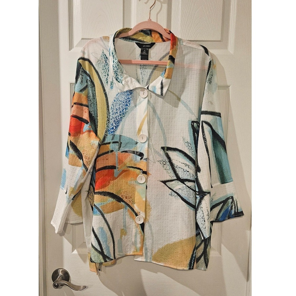 Ali Miles‎ Printed Wire Neck Bell Sleeve Jacket Top Womens 2X Artsy Tunic - Picture 2 of 8